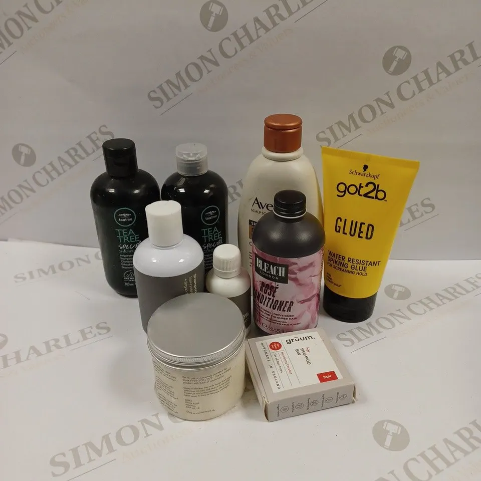 LOT OF 9 HAIR CARE AND STYLING PRODUCTS TO INCLUDE AVEENO SHAMPOO, SCHWARZKOPF OT2B GLUED, BLEACH LONDON ROSE CONDITIONER, TEA TREE SPECIAL SHAMPOO ETC. 