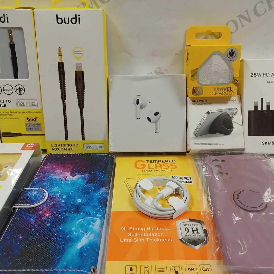 BOX TO CONTAIN APPROX 30 X ASSORTED PHONE ACCESSORIES, INCLUDES PHONE CASES, CHARGING CABLES, EARPHONES ETC 