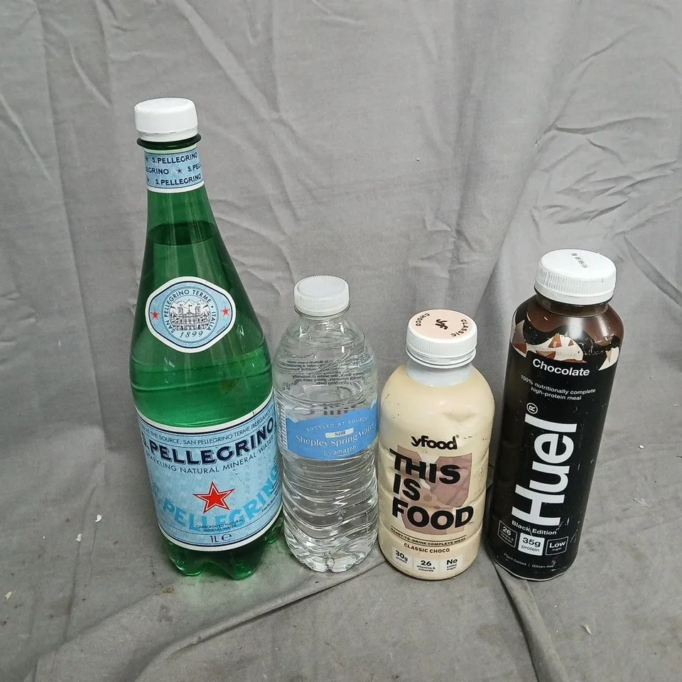 APPROXIMATELY 10 ASSORTED DRINKS TO INCLUDE SHEPLEY SPRING WATER, HUEL BLACK EDITION CHOCOLATE, S.PELLEGRINO SPARKLING WATER , ETC - COLLECTION ONLY