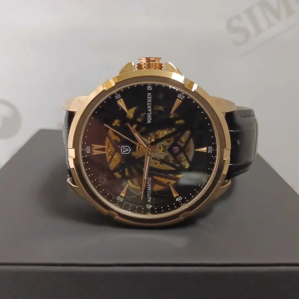 MENS VONLANTHEN AUTOMATIC SKELETON WATCH – V110 - GLASS EXHIBITION BACKCASE – BLACK LEATHER STRAP