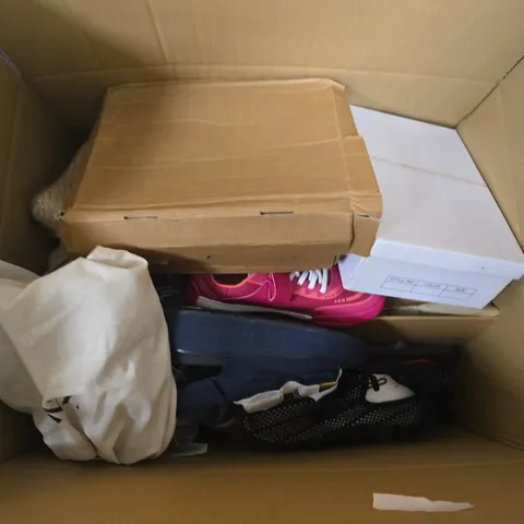 BOX OF APPROXIMATELY 12 PAIRS OF ASSORTED SHOES IN VARIOUS COLOUR, STYLES AND SIZES
