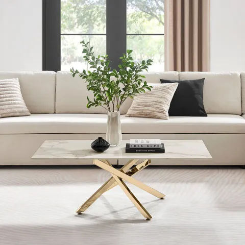 BOXED LEONARDO COFFEE TABLE WITH WHITE GLASS MARBLE EFFECT TOP AND GOLD LEGS (2 BOXES)