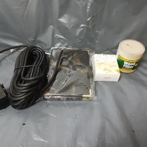 BOX OF APPROXIMATELY 20 ASSORTED HOUSEHOLD ITEMS TO INCLUDE WOOD FILLER, DIARIES AND POWER CABLE