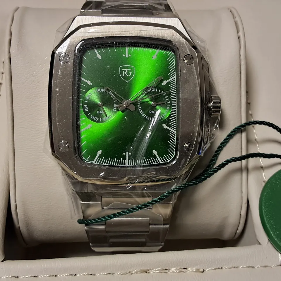 RAYMOND GAUDIN STAINLESS STEEL GREEN FACED WATCH IN GIFTBOX