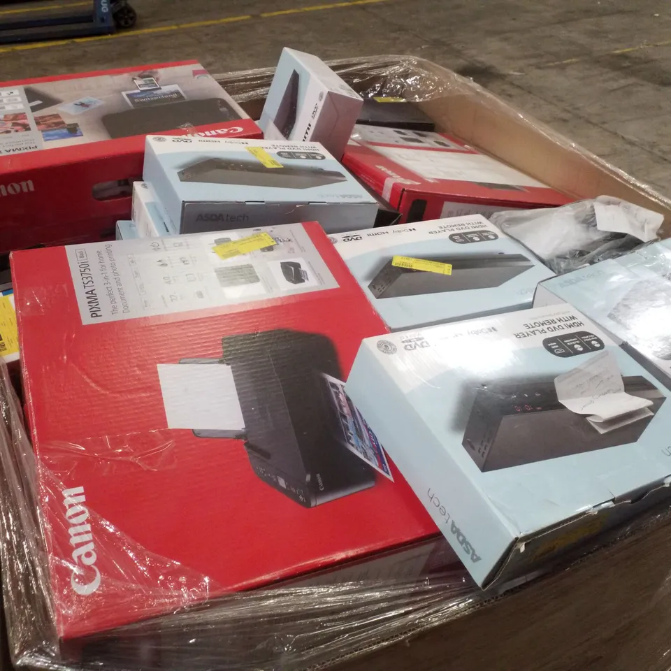 PALLET CONTAINING ASSORTED ELECTRICAL RETURNS INCLUDING CANON PIXMA PRINTER, HDMI DVD PLAYER WITH REMOTE, OUTDOOR SECURITY WIFI CAMERA & HEADPHONES