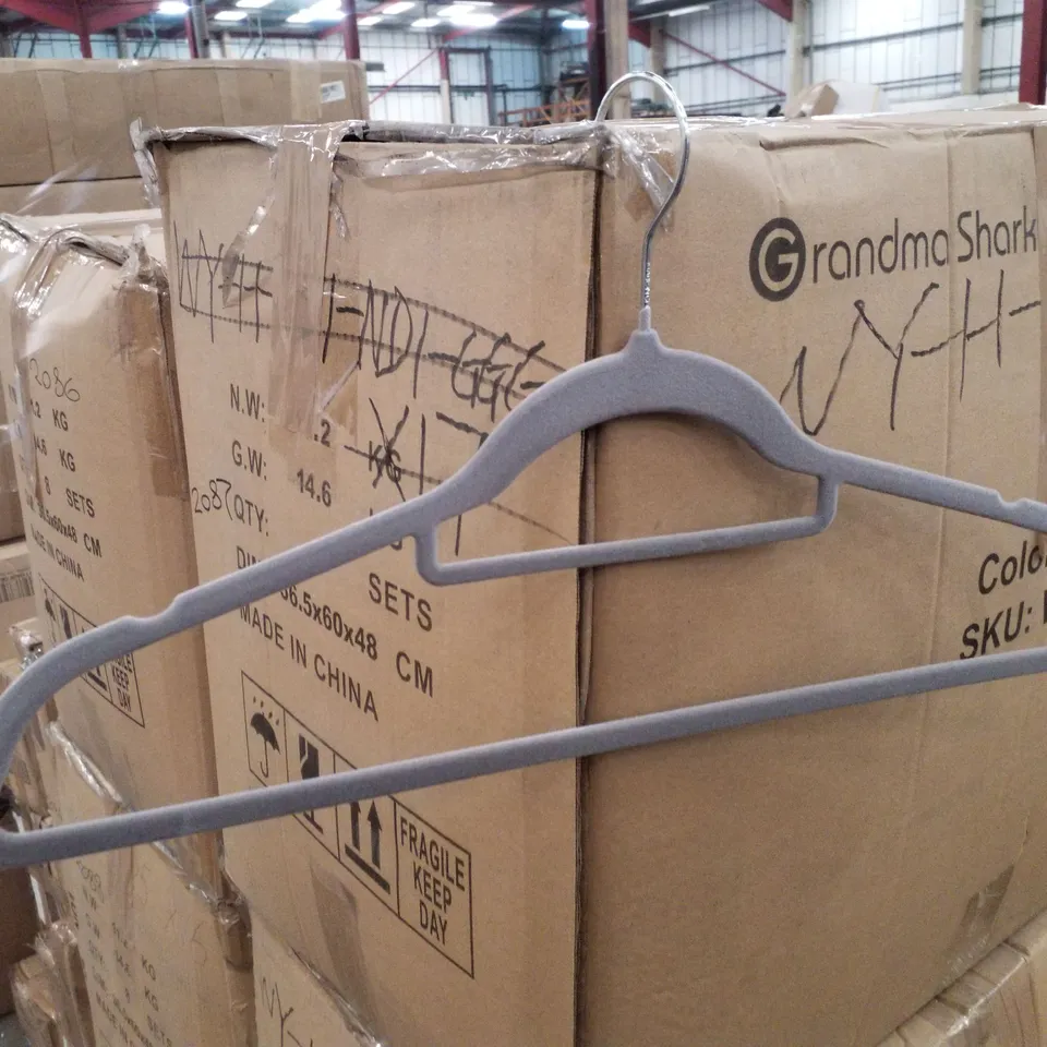 BOX CONTAINING APPROXIMATELY 48 GRANDMA SHARK VELVET HANGERS - GREY