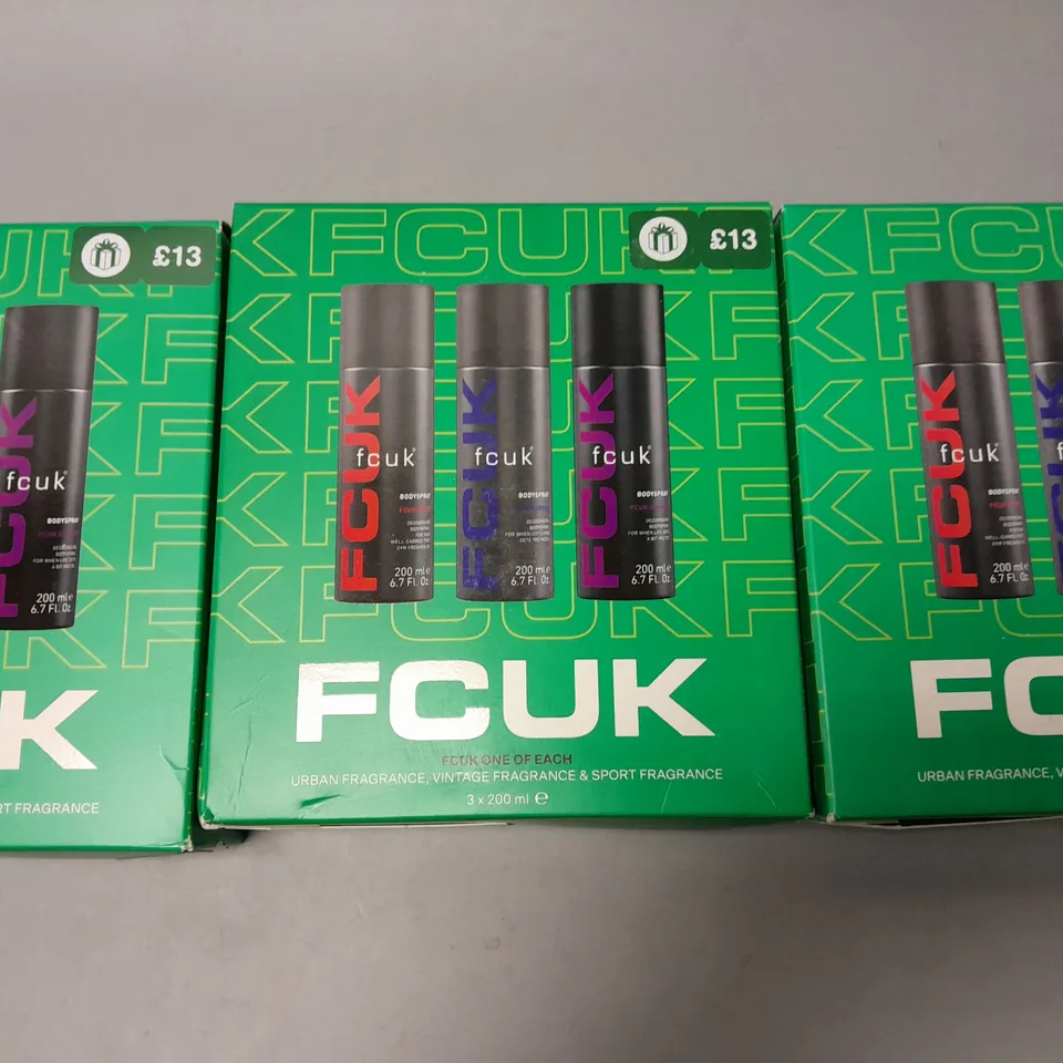 LOT OF 3 FCUK ONE OF EACH 3-PIECE BODY SPRAY SETS