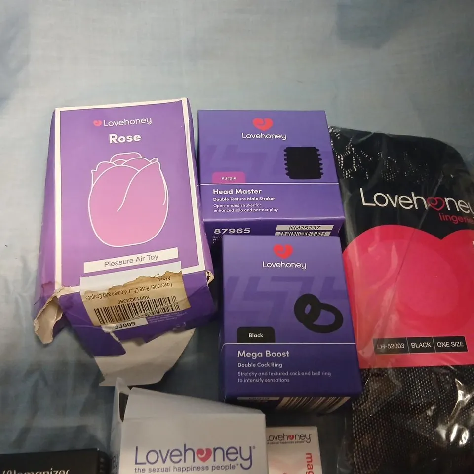 LOVEHONEY SEX TOY BUNDLE – ASSORTED BOXES (DILDOS, BULLETS, COCK RINGS) + LINGERIE BAG