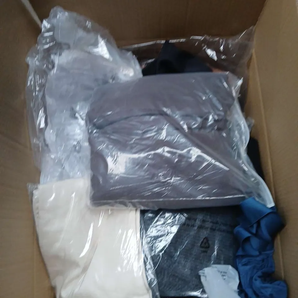 LARGE BOX OF ASSORTED CLOTHING ITEMS IN VARIOUS SIZES, STYLES AND COLOUR 