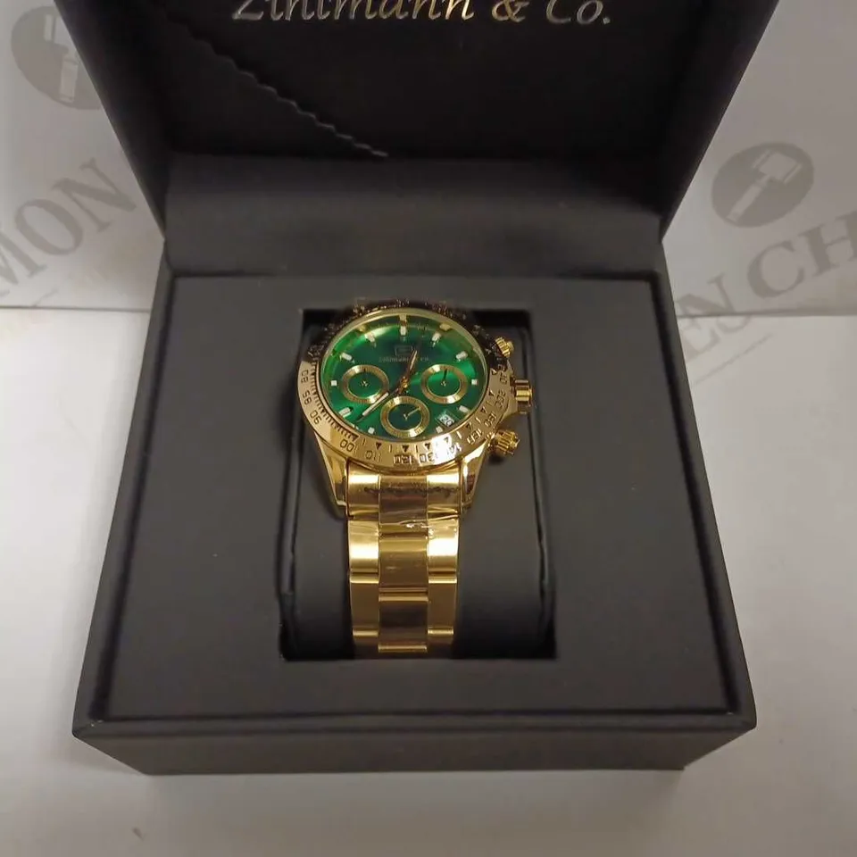 MENS ZIHLMANN & Co Z400 WATCH – CHRONOGRAPH MOVEMENT – GOLD COLOUR STAINLESS STEEL STRAP – GREEN DIAL – 3ATM WATER RESISTANT 