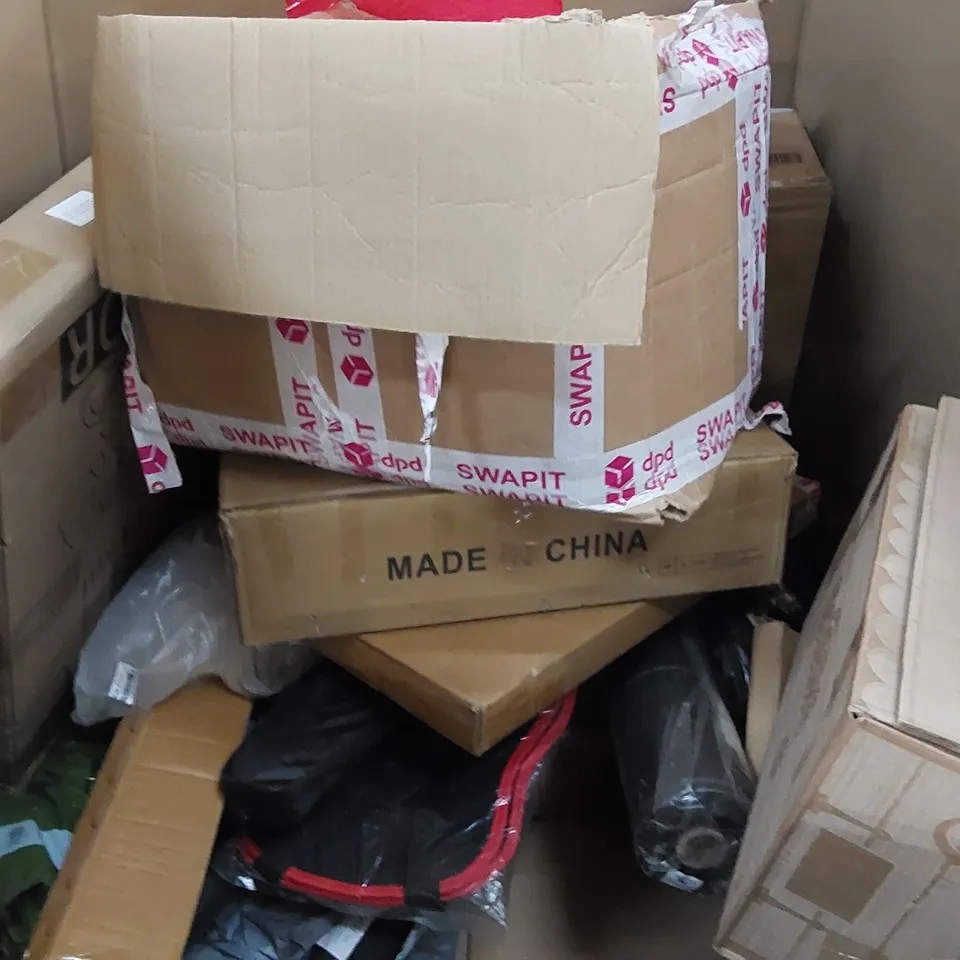 PALLET OF ASSORTED CONSUMER GOODS AND FURNITURE PRODUCTS TO INCLUDE; DOUBLE INFRARED COOKTOP, CEILING FAN LIGHT, PULL UP BAR, TOILET SAFETY RAIL, MAGNETIC DARTBOARD ECT.