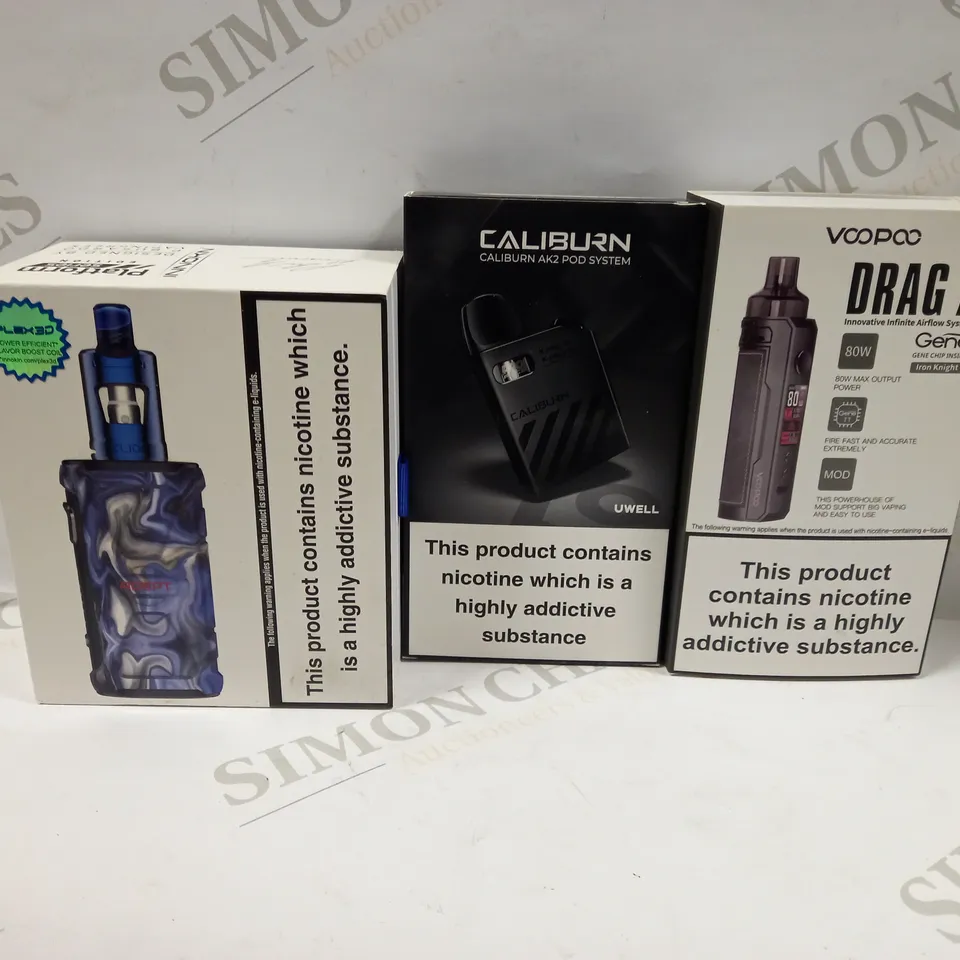 BOX OF APPROXMATELY 35 E-CIGARETTES AND LIQUIDS TO INCLUDE VOOPOO DRAG X, CALIBURN AK2 POD SYSTEM, INNOKIN ADEPT MOD, ETC
