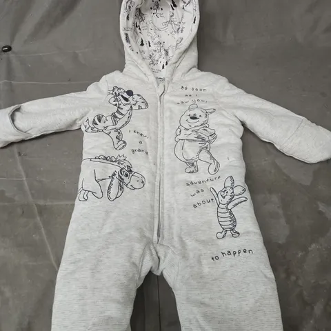 GREY BABY BABYGROW WITH HOOD AND WINNIE THE POOH PRINT - SIZE UNSPECIFIED
