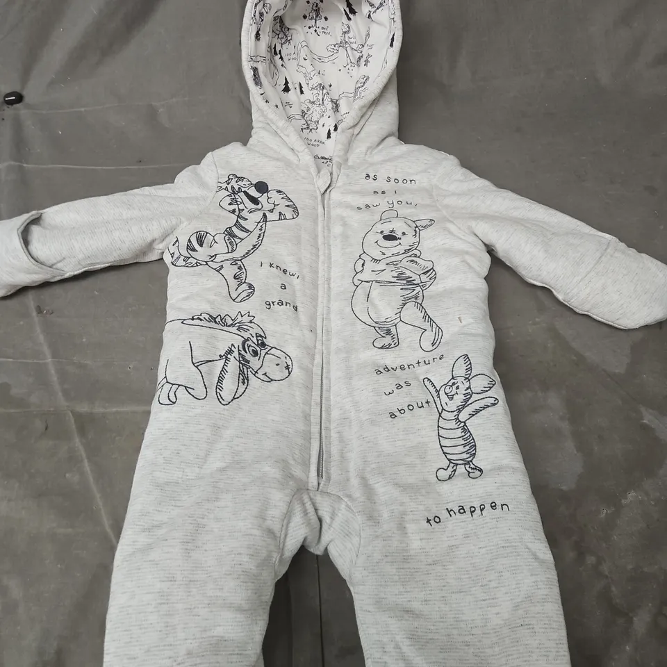 GREY BABY BABYGROW WITH HOOD AND WINNIE THE POOH PRINT - SIZE UNSPECIFIED