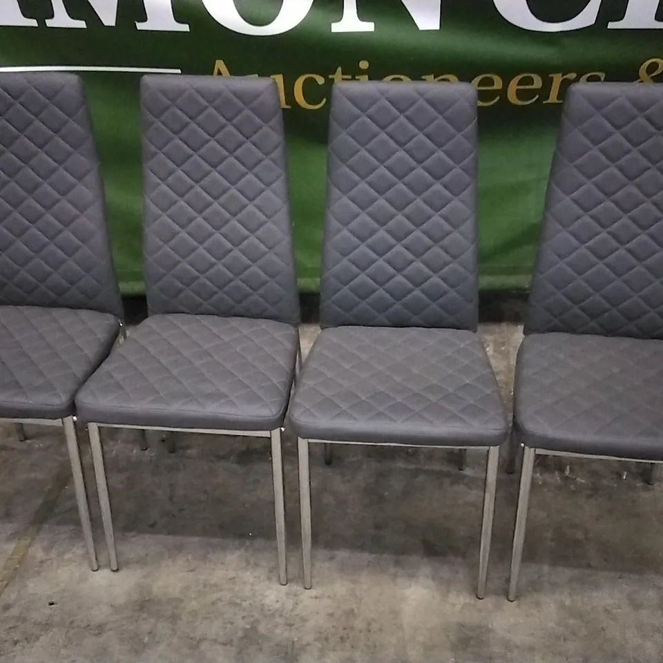 SET OF 4 GREY LEATHER PILLOWED DINING CHAIRS WITH CHROME LEGS 