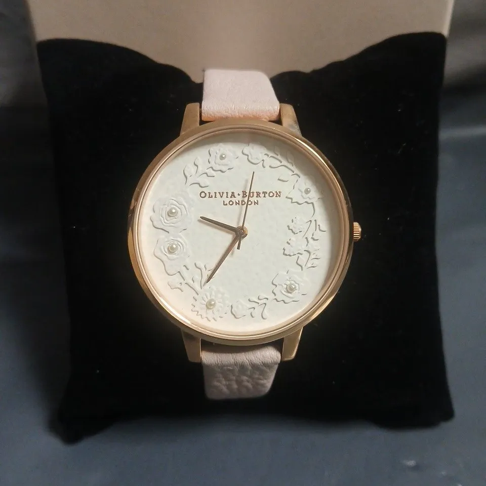 BOXED OLIVIA BURTON WHITE DIAL WATCH WITH PALE PINK LEATHER STRAP