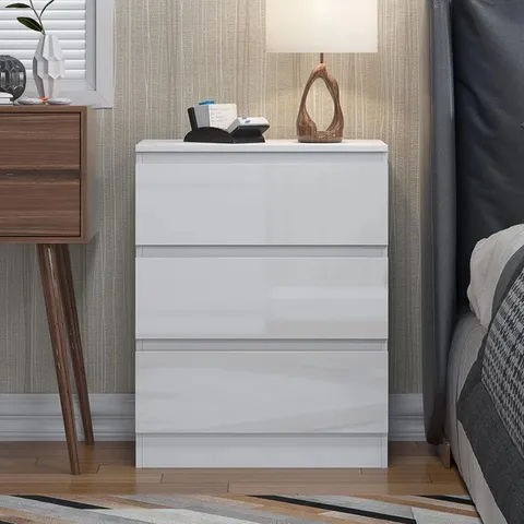 BOXED CARLTON 3 DRAWER CHEST OF DRAWERS: 60cm WIDE, HIGH GLOSS FRONT - WHITE GLOSS (1 BOX)