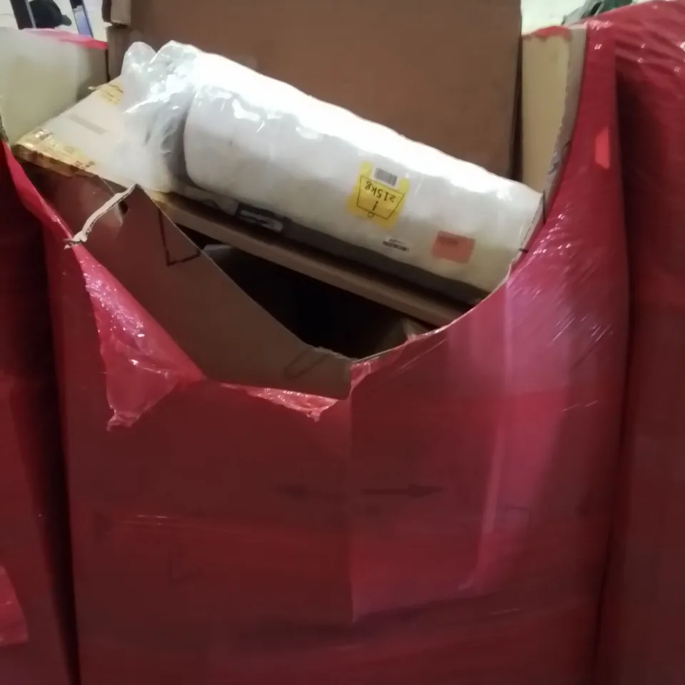 PALLET CONTAINING VARIOUS ASSORTED BOXED HOUSEHOLD ITEMS TO INCLUDE: ROLLED AND BOXED MATTRESSES, BRIGE TABLE, 24KG WEIGHT, RACKING UNIT AND LOTS MORE UNMARKED BOXED ITEMS 
