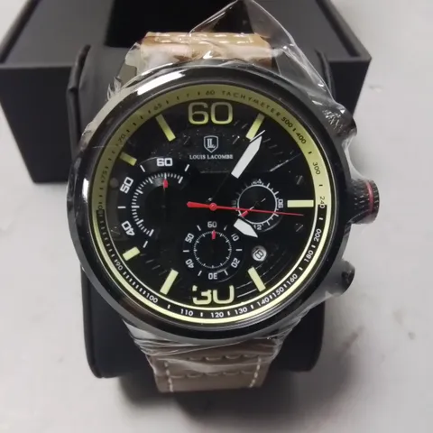 LOUIS LACOMBE STAINLESS STEEL GENTS CHRONOGRAPH WATCH WITH BROWN RUBBER STRAP