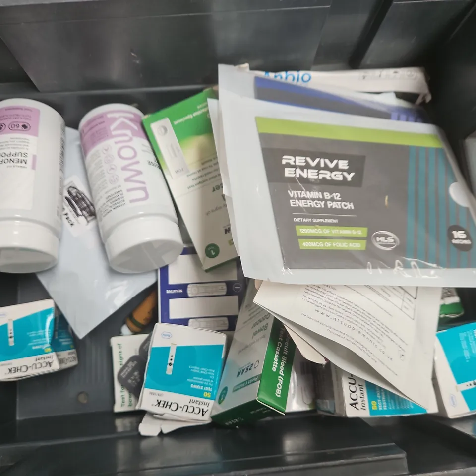 TOTE OF APPROXIMATELY 20 ASSORTED HEALTHCARE PRODUCTS TO INCLUDE REVIVE SLEEP PATCHES - MENOPAUSE SUPPORT SUPPLEMENTS AND LAKERAIN HYDRATING CREAM