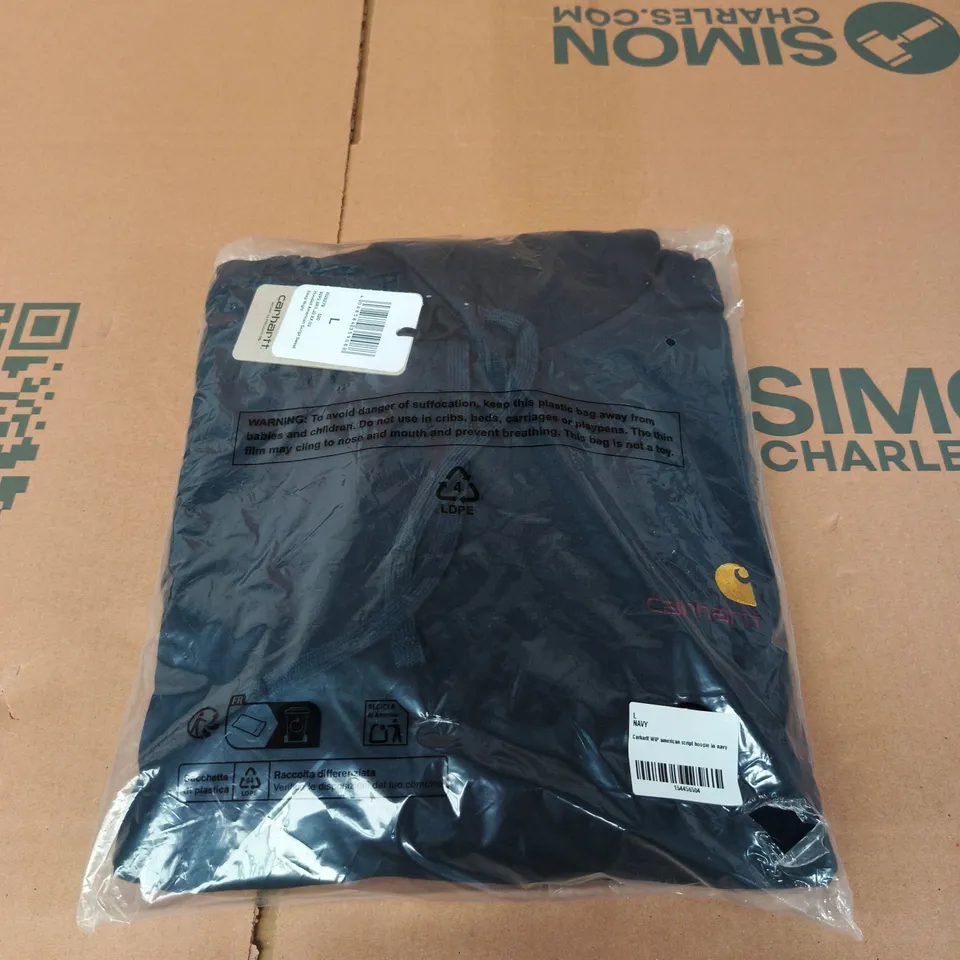 CARHARTT WIP AMERICAN SCRIPT HOODIE IN NAVY – SIZE L