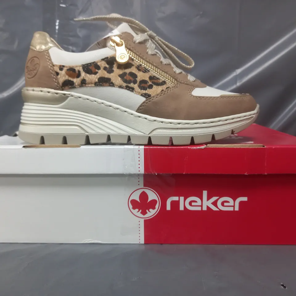 BOXED PAIR OF RIEKER TRAINERS IN BROWN SIZE 4