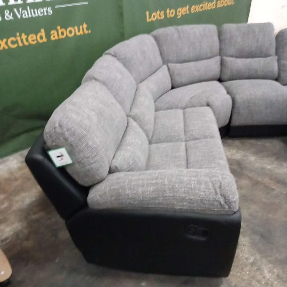 DESIGNER SANTORI GREY FABRIC AND BLACK FAUX LEATHER MANUAL RECLIING CORNER SOFA