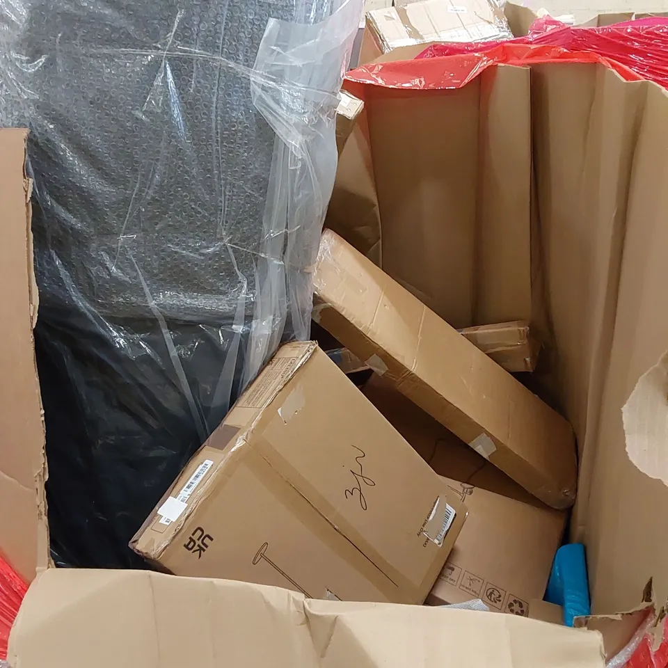 PALLET OF ASSORTED HOUSEHOLD ITEMS AND CONSUMER PRODUCTS. INCLUDING ESPRESSO COFFEE MACHINE, TRAMPOLINE, OFFICE CHAIR, BOXED FURNITURE ETC 