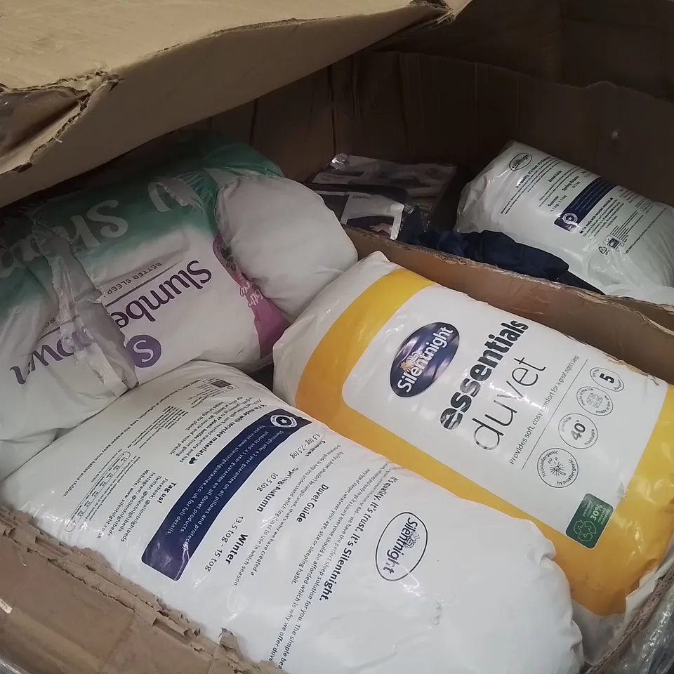 LARGE BOX OF ASSORTED DUVETS, WEIGHTED BLANKETS AND PILLOWS