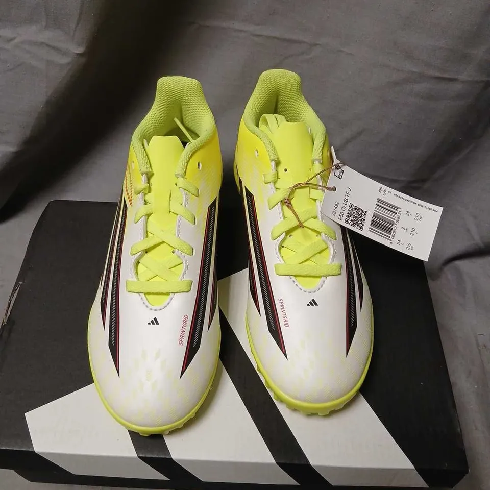 ADIDAS F50 CLUB TF J YOUTH FOOTBALL BOOTS – UK 2 (US 2.5 / EU 34) NEON YELLOW/WHITE