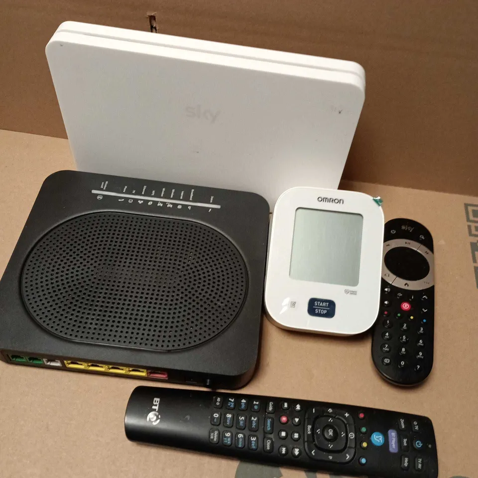 APPROXIMATELY 12 ASSORTED HOUSEHOLD ITEMS TO INCLUDE OMRON BLOOD PRESSURE MONITOR, ROUTERS, REMOTES, ETC