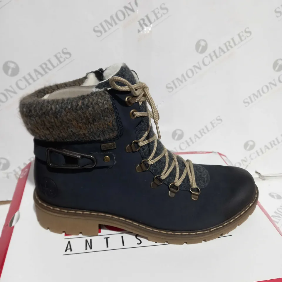 RIEKER MULTI-COLOURED CUFFED HIKING BOOTS IN BLUE - UK SIZE 6.5