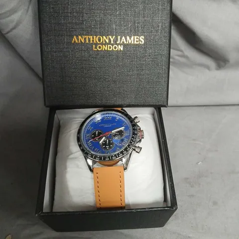 ANTHONY JAMES LONDON WATCH – BLUE DIAL CHRONOGRAPH, TAN LEATHER STRAP, BOXED