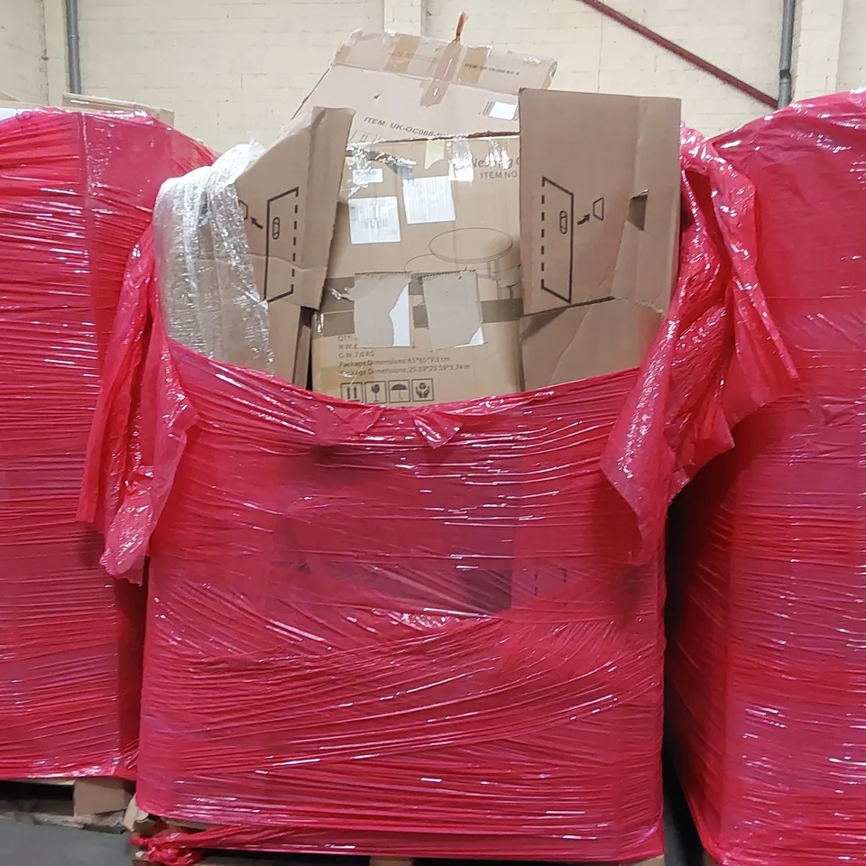 PALLET OF ASSORTED CONSUMER PRODUCTS TO INCLUDE: CHAMFERING MACHINE, OFFICE CHAIR, NESTING COFFEE TABLE, CHANDELIER, BED RAIL GUARD ECT