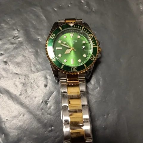 TWO-TONE STAINLESS STEEL QUARTZ WRISTWATCH WITH GREEN DIAL AND ROTATING BEZEL 
