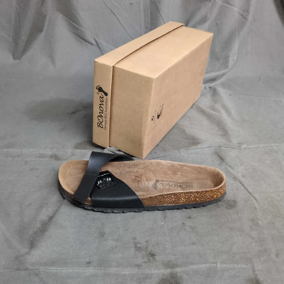 BONOVA CORK FOOTBED SANDALS WITH BLACK STRAPS – BOXED SIZE 39