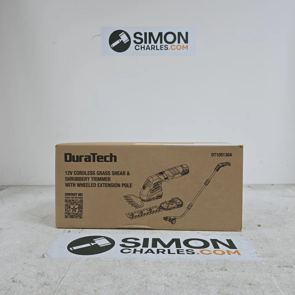 DURATECH 12V CORDLESS GRASS SHEAR & SHRUBBERY TRIMMER WITH WHEELED EXTENSION POLE (DT105136A)