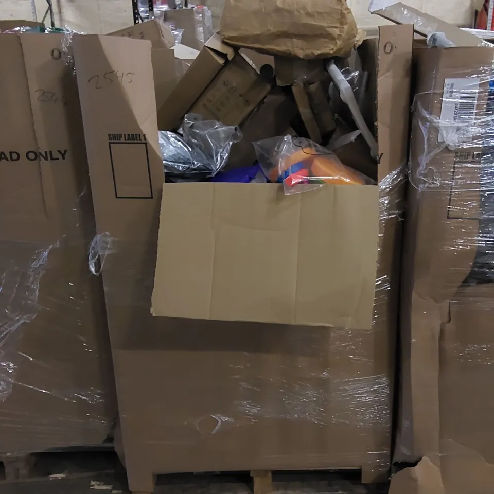PALLET TO CONTAIN ASSORTED HOUSEHOLD ITEMS AND CONSUMER PRODUCTS. INCLUDING VACUUM CLEANER, TOILET SEATS, KIDS SCOOTER, GAMING KEYBOARD, TELESCOPE, BOXED FURNITURE ETC