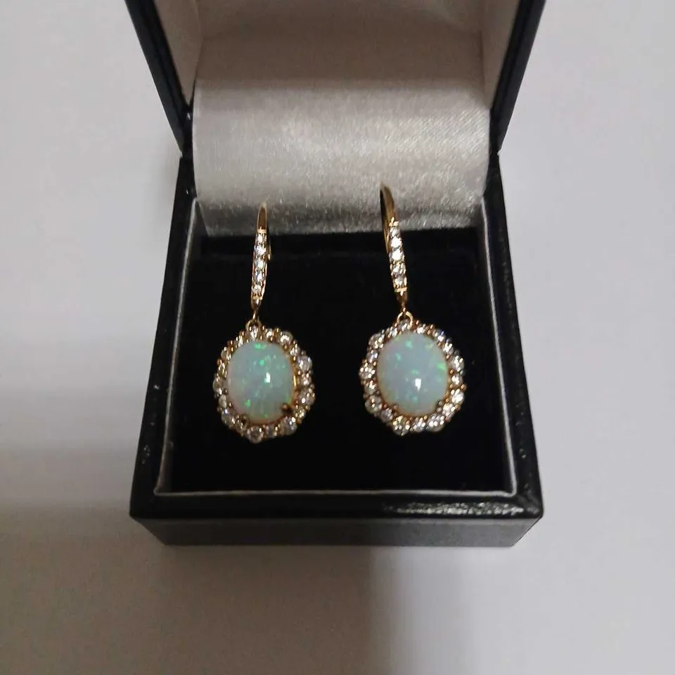 OPAL STYLE HALO DROP EARRINGS IN GOLD-TONE SETTING WITH CRYSTAL SURROUND