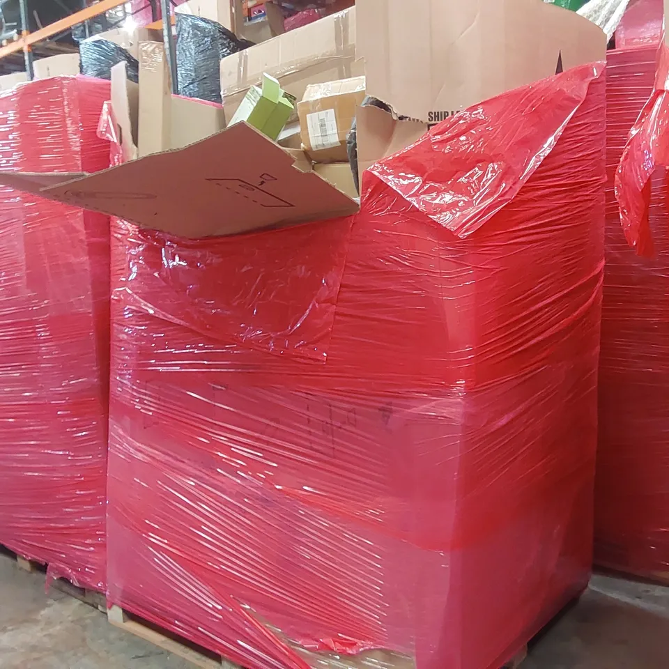 PALLET OF ASSORTED ITEMS INCLUDING: FRETTA EDGE MAX JUICER, CEILING FAN, TOWEL TOILET RACK, SHOWER SYSTEM, NATURAL MOSO BAMBOO DRAWER DIVIDERS ECT