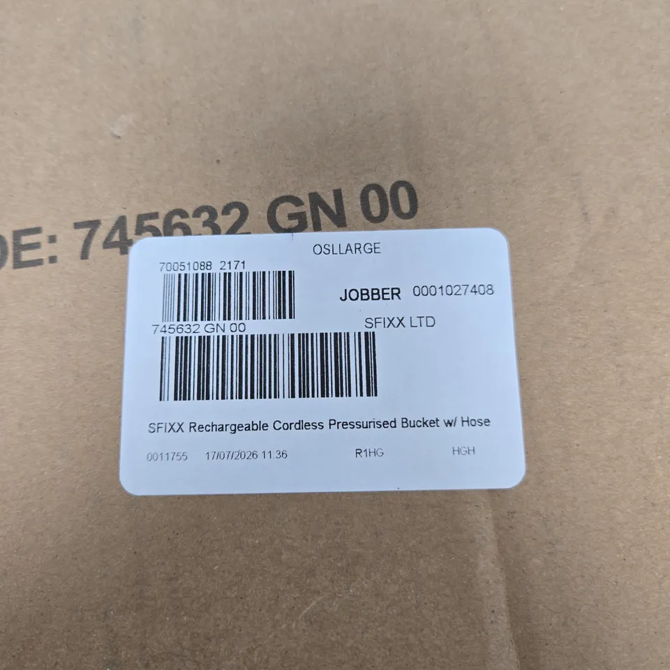 SFIXX RECHARGEABLE CORDLESS PRESSURIZED BUCKET WITH HOSE – BOXED