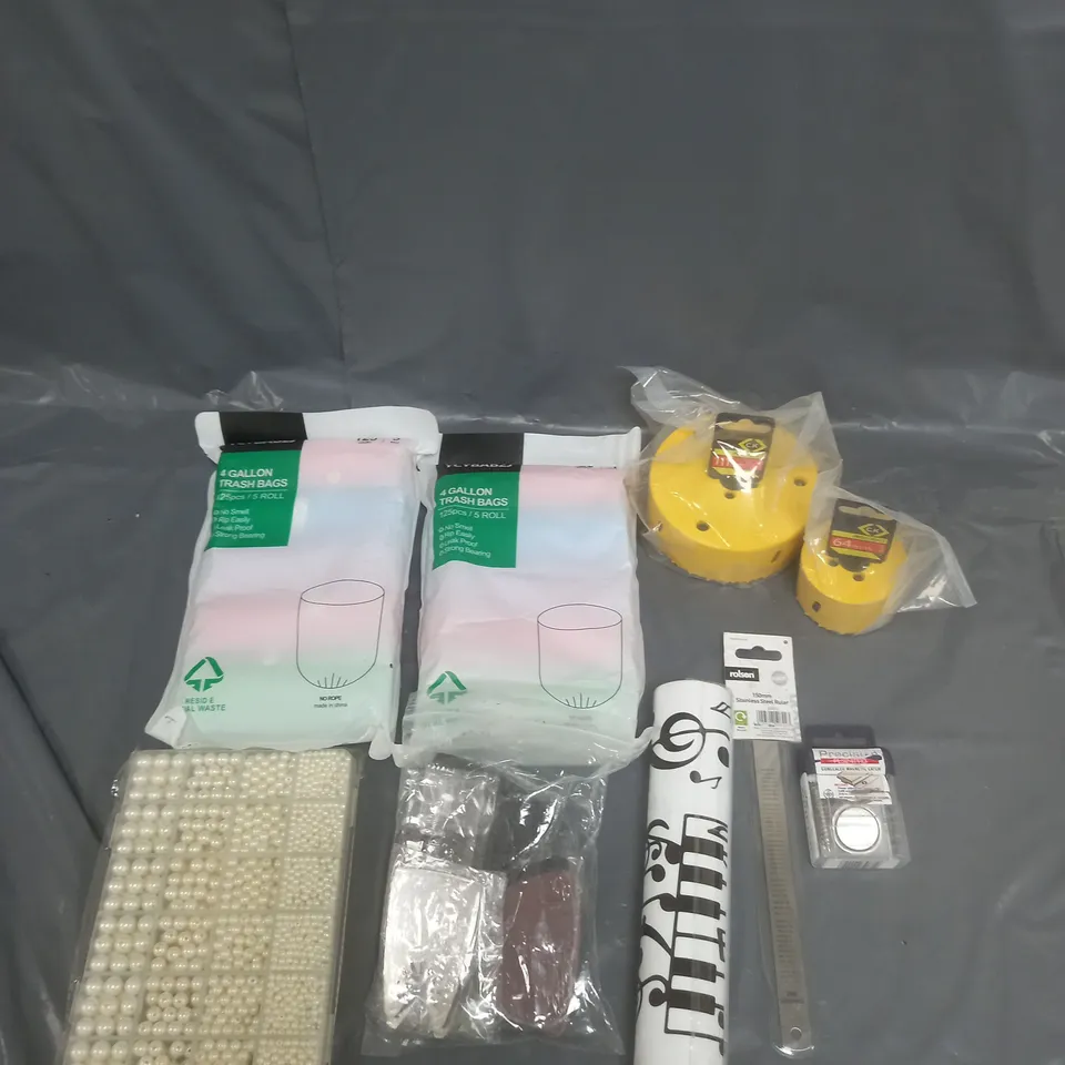 BOX OF APPROXIMATELY 8 ASSORTED ITEMS TO INCLUDE - 4 GALLON TRASH BAGS, STAINLESS STEEL RULER, AND PROCOBALT 111MM ETC.