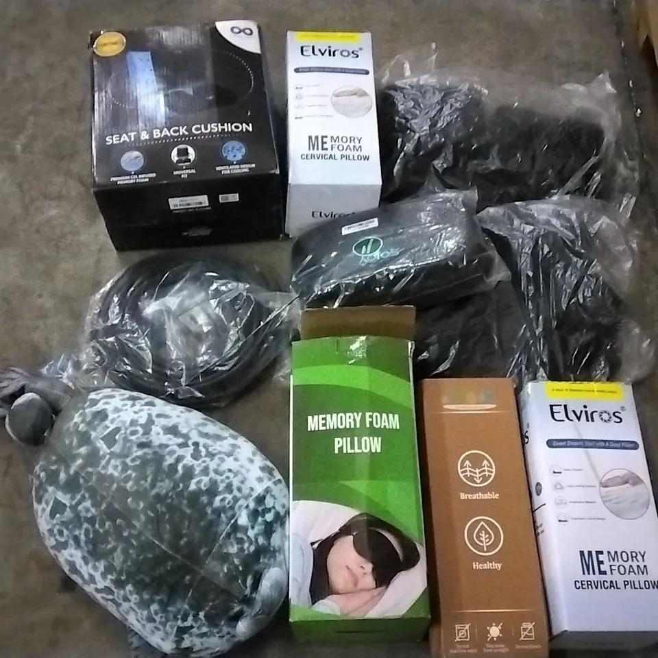 PALLET OF ASSORTED ITEMS INCLUDING ELVIROS MEMORY FOAM CERVICAL PILLOW, INFINITE GEL INFUSED SEAT & BACK CUSHION, MEMORY FOAM PILLOW, SOJOY LUMBAR PILLOW, GRANDMA'S FOREST MEMORY FOAM NECK SUPPORT