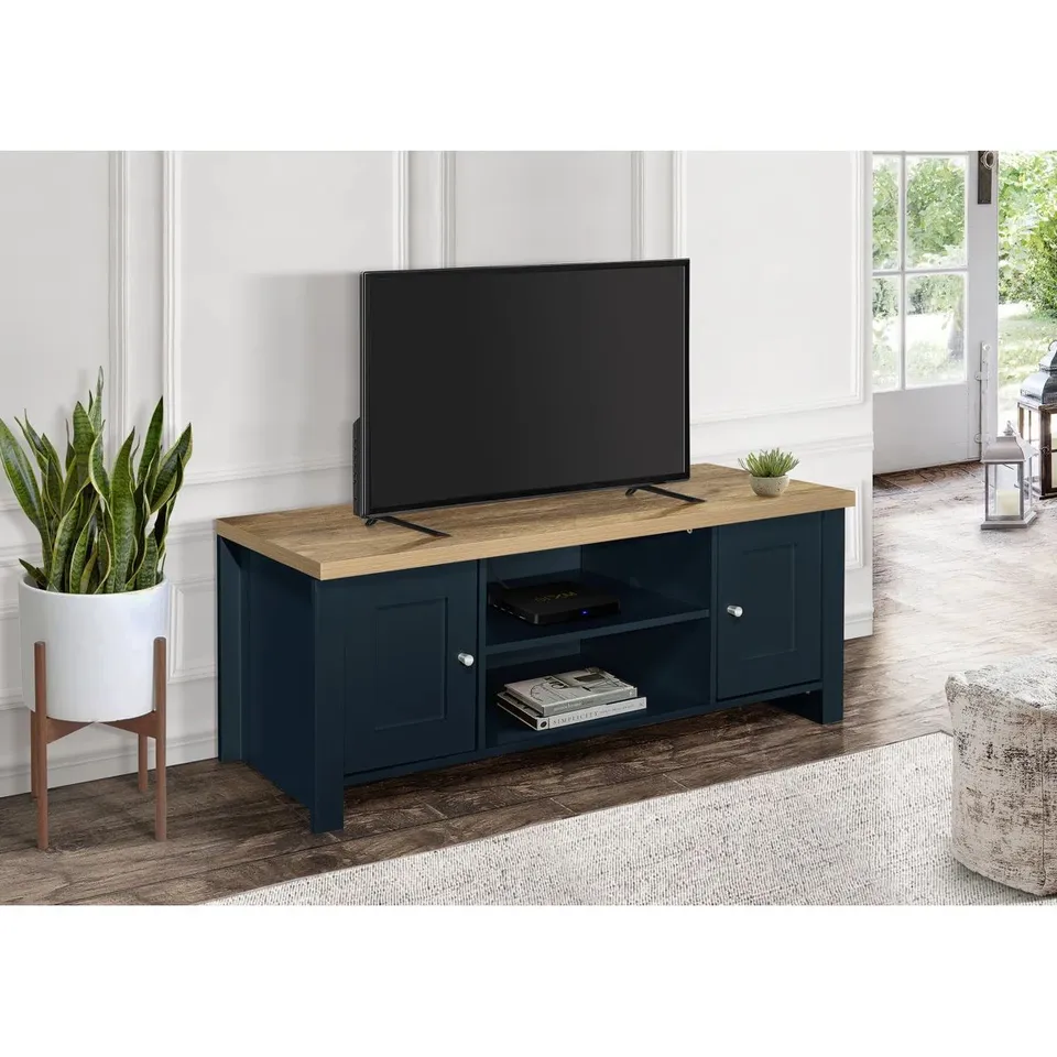 BOXED NAPANOCH TV STAND FOR TVS UP TO 58" - NAVY BLUE/OAK EFFECT (1 BOX)