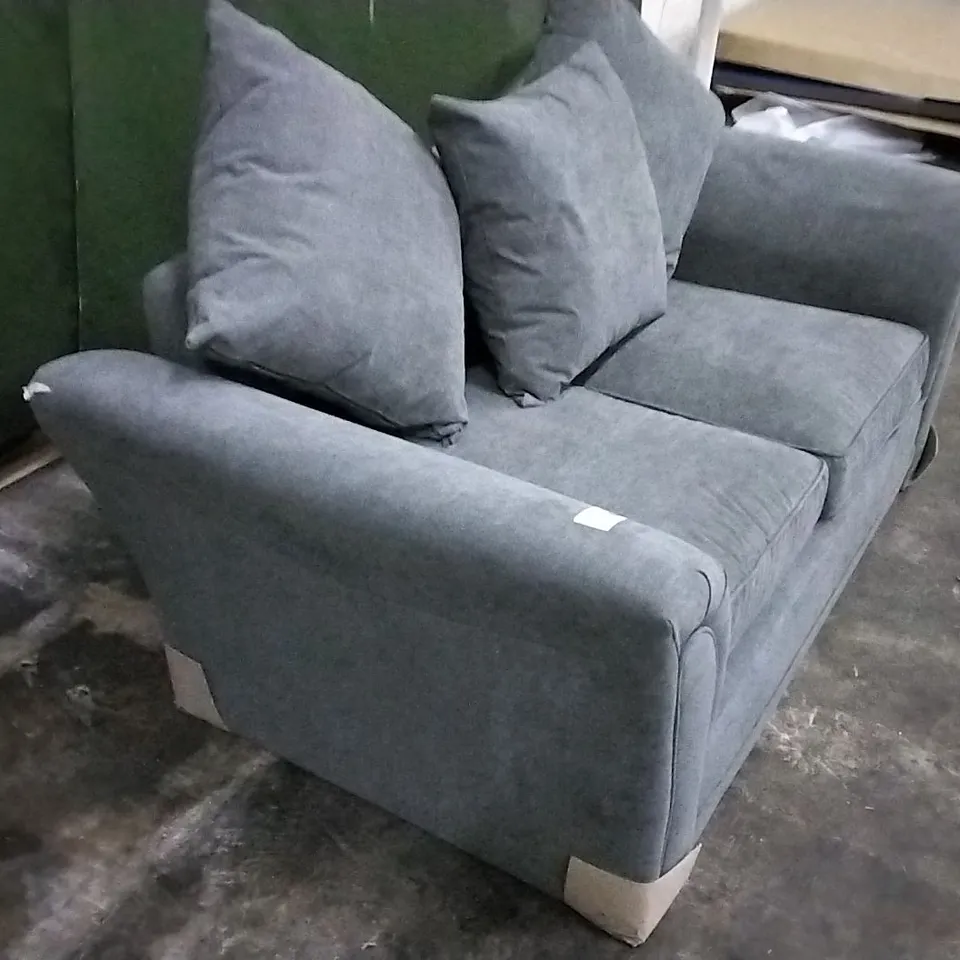 DESIGNER GREY FABRIC TWO SEATER SOFA WITH SCATTER CUSHIONS 