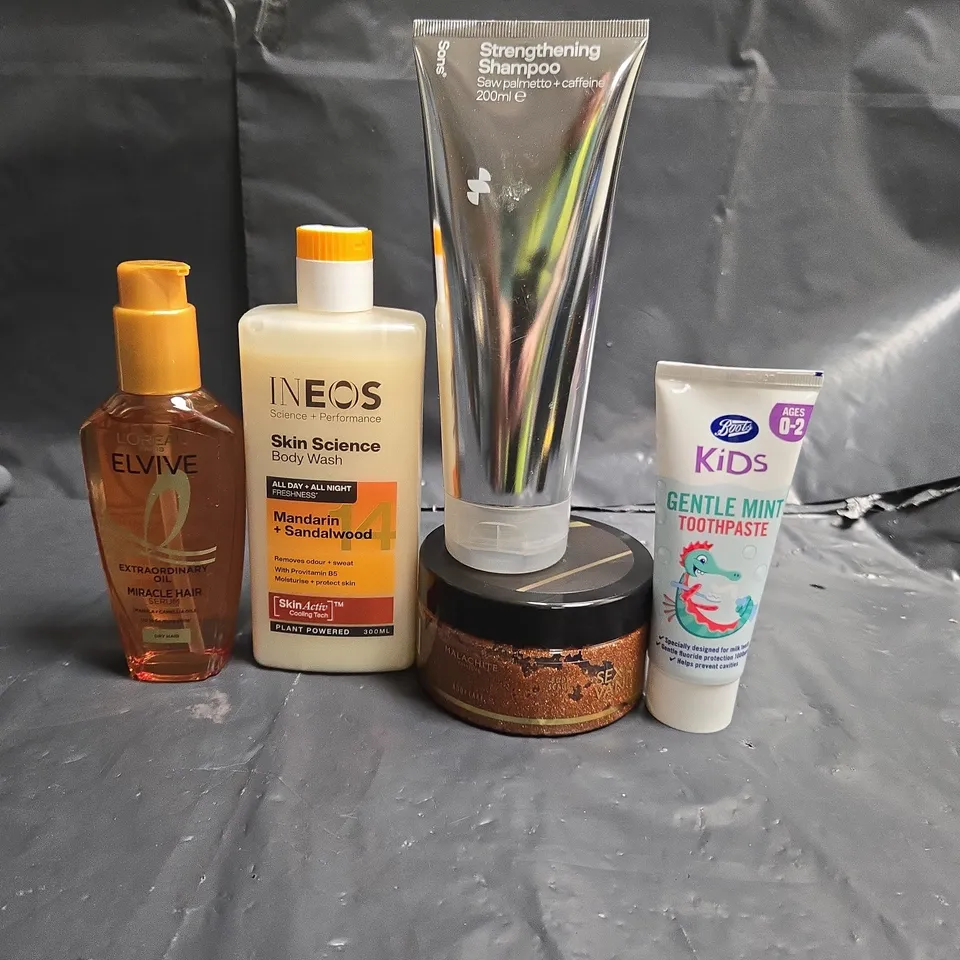 APPROXIMATEY 20 ASSORTED HEALTH AND BEAUTY PRODUCTS TO INCLUDE - INEOS BODY WASH - KIDS TOOTHPASTE AND ELVIVE HAIR OIL