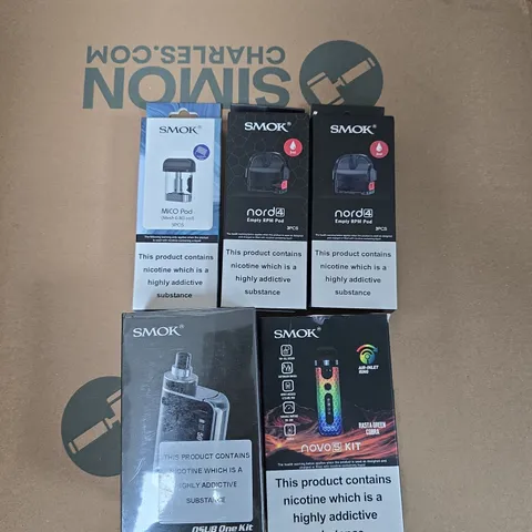 BOX OF APPROXIMATELY 30 ASSORTED E-CIGARETTES AND ACCOMPANIMENTS TO INCLUDE: VARIOUS SMOK PRODUCTS 