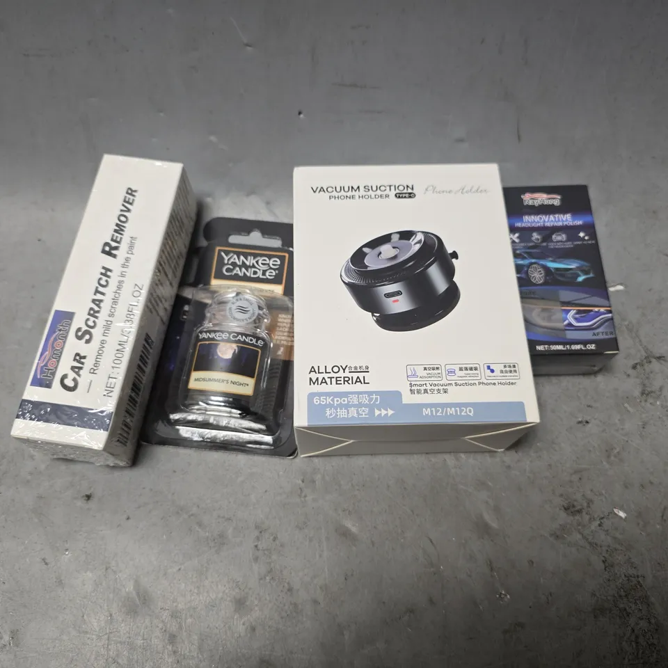APPROXIMATELY 8 ASSORTED ITEMS TO INCLUDE - VACUUM SUCTION PHONE HOLDER , CAR SCRATCH REMOVAL ETC