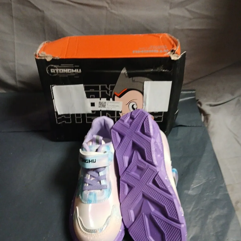 ATONGMU CHILDREN'S TRAINERS – PASTEL LILAC/PINK WITH CARTOON CHARACTER DESIGN AND VELCRO STRAP - SIZE UNSPECIFIED 