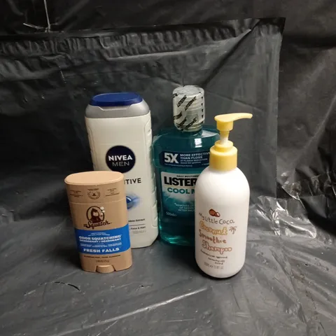APPROXIMATELY 15 ASSORTED ITEMS OF COSMETICS INCLUDING NIVEA SHOWER GEL, LISTERINE MOUTH WASH, DR SQUATCH DEODORANT AND MY LITTLE COCO SHAMPOO